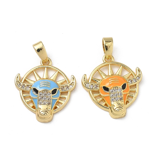 Латунные микропаве прозрачные подвески с фианитом, с эмалью, плоский круглый с амулетами в виде скота, реальный 18 k позолоченный