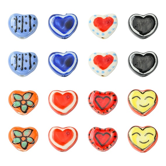 16Pcs 8 Colors Handmade Porcelain Beads, Heart, Famille Rose Porcelain