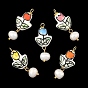 Handmade Porcelain with 304 Stainless Steel Pendants, with Natural Cultured Freshwater Pearl, Tulip Charms, Golden