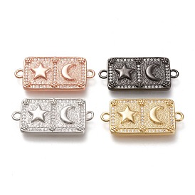Brass Micro Pave Cubic Zirconia Links Connectors, Rectangle with Star & Moon, Clear