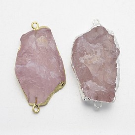 Natural Madagascar Rose Quartz Electroplate Nuggets Links Connectors, with Brass Findings, 43~45x22~26x9~13mm, Hole: 2mm