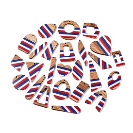 Independence Day Opaque Striped Resin & Walnut Wood Pendants, Geometric Charms