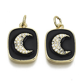 Brass Micro Pave Clear Cubic Zirconia Pendants, with Enamel and Jump Ring, Rectangle with Moon, Real 16K Gold Plated, Nickel Free