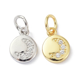 Brass Micro Pave Cubic Zirconia Charms, with Jump Ring, Long-Lasting Plated, Lead Free & Cadmium Free, Flat Round with Moon