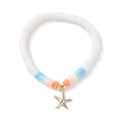 Handmade Polymer Clay Heishi Beads Stretch Bracelet, Starfish 304 Stainless Steel Starfish Charm Bracelet for Women, Golden