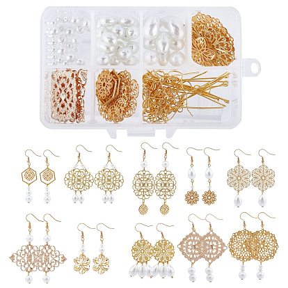 Kits de fabrication de boucles d'oreilles en filigrane DIY, y compris les conclusions de menuisier en filigrane de laiton et les crochets de boucle d'oreille, Anneaux connecteurs en alliage, Perles en verre nacré, Fer Pin