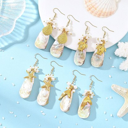 Ocean Shell Pearl & Electroplated Natural Freshwater Shell Dangle Earrings for Women, 304 Stainless Steel Dangle Earrings, Golden