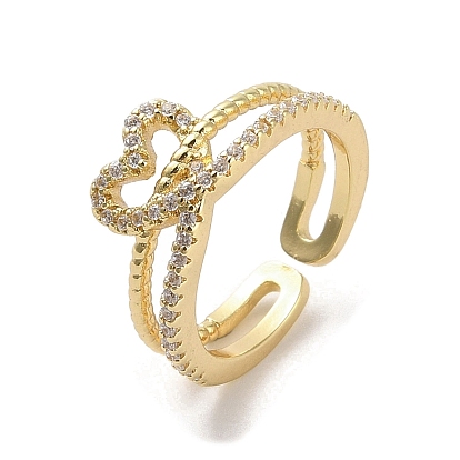 Brass Micro Pave Cubic Zirconia Open Cuff Rings, Cadmium Free & Nickel Free & Lead Free, Heart