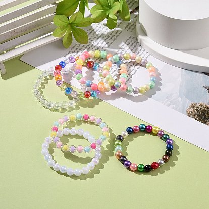 7Pcs 7 Color Candy Color Acrylic Round Beaded Stretch Bracelets Set, Stackable Bracelets for Kid