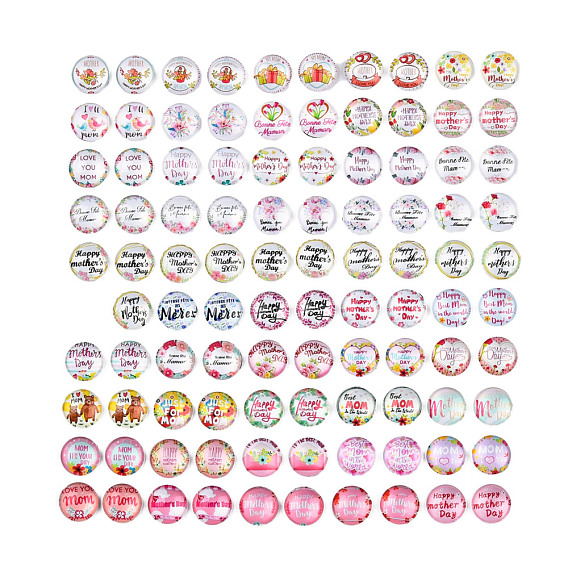 Glass Cabochons, Half Round/Dome with Mother's Day Pattern