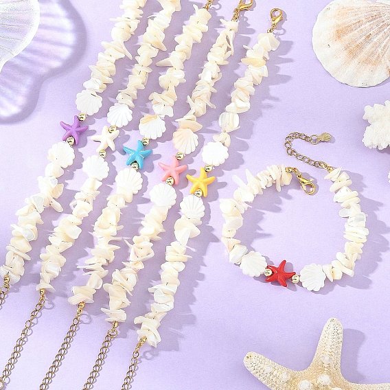 Ocean Dyed Synthetic Turquoise Starfish and Natural White Shell Chip Beaded Bracelets for Women, Golden
