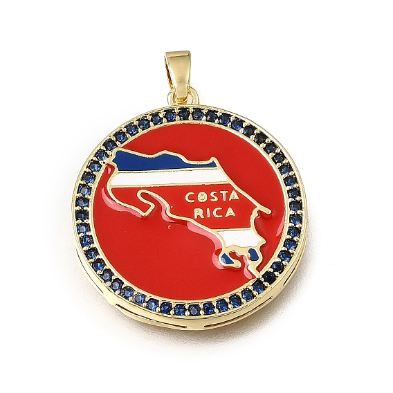 Brass Micro Pave Marine Blue Cubic Zirconia Pendants, with Red Enamel, Flat Round with Costa Rica Flag Map Charms, Rack Plating, Long-Lasting Plated, Cadmium Free & Lead Free