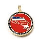 Brass Micro Pave Marine Blue Cubic Zirconia Pendants, with Red Enamel, Flat Round with Costa Rica Flag Map Charms, Rack Plating, Long-Lasting Plated, Cadmium Free & Lead Free