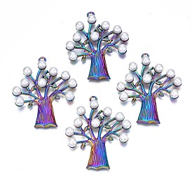 Rack Plating Rainbow Color Alloy Big Pendants, with ABS Plastic Imitation Pearl Beads, Cadmium Free & Nickel Free & Lead Free, Tree Charms