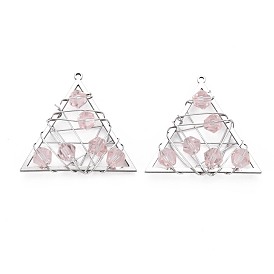 Pendentifs en acier inoxydable, avec des perles de verre roses à facettes, fil enroulé, triangle