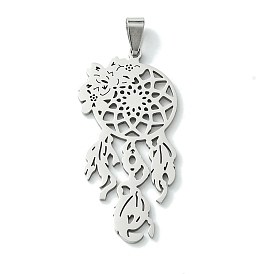 201 Stainless Steel Big Pendants, Woven Web/Net with Feather Charm