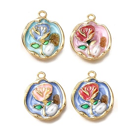 Подвески из эмали и сплава, с имитацией АБС-жемчуга и блестящей пудрой, плоские круглые с цветком, стойки покрытие, долговечный, без свинца, без кадмии и без никеля, золотые