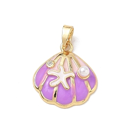 Colgantes de esmalte de bronce, Forma de concha con dijes de estrellas de mar, con perlas de plástico y diamantes de imitación