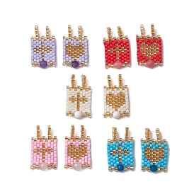 Glass Seed Beaded Pendants, with Natural Gemstone Beads, Rectangle with Cross and Heart