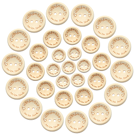 Gorgecraft Wooden Buttons, 2-Hole, Flat Round, with Word Handmade with Love, Mixed Size