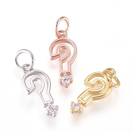 Brass Punctuation Charms, with Micro Pave Cubic Zirconia and Jump Rings, Question Mark