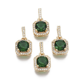 Brass Cubic Zirconia Pendants, with Glass, Nickel Free, Square, Sea Green