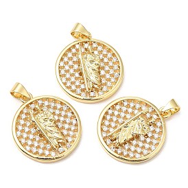 Rack Plating Brass Micro Pave Cubic Zirconia Pendants, Long-Lasting Plated, Lead Free & Cadmium Free, Flat Round with Saint