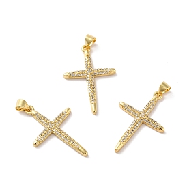 Rack Plating Brass Micro Pave Cubic Zirconia Pendants, Cadmium Free & Lead Free, Real 18K Gold Plated, Cross