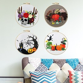 Halloween Theme Skull/Pumpkin/Spider DIY Embroidery Kits, Including Printed Cotton Fabric, Embroidery Thread & Needles, Imitation Bamboo Embroidery Hoop