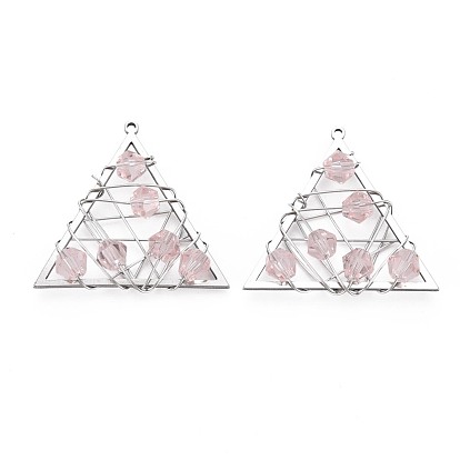 201 Stainless Steel Pendants, with Faceted Pink Glass Beads, Wire Wrapped, Triangle