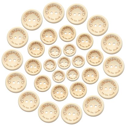 Wooden Buttons, 2-Hole, Flat Round, with Word Handmade with Love, Mixed Size