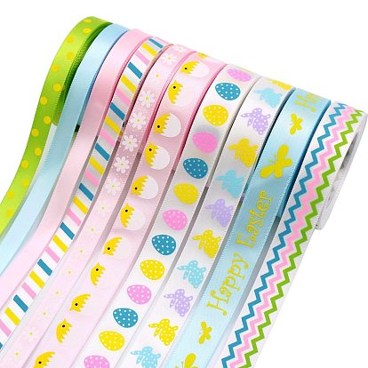Easter Theme Polyester Satin Ribbon, Single Face Printed Ribbon, Flat with Rabbit/Egg/Wave/Stripe/Polka Dot/Chick/Flower/Word Pattern
