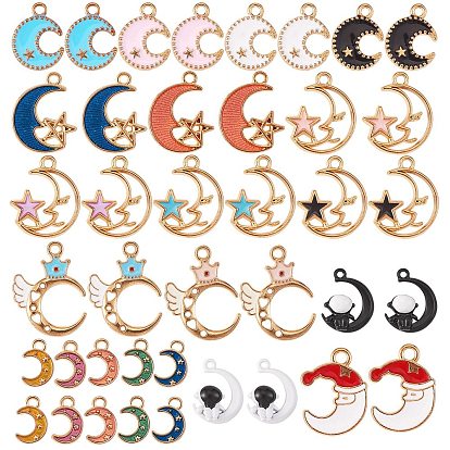 40Pcs 20 Styles Golden Alloy Enamel Pendant, Moon & Astronaut