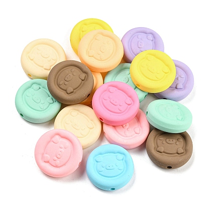 Rubberized Style Opaque Acrylic Beads, Flat Round with Pig