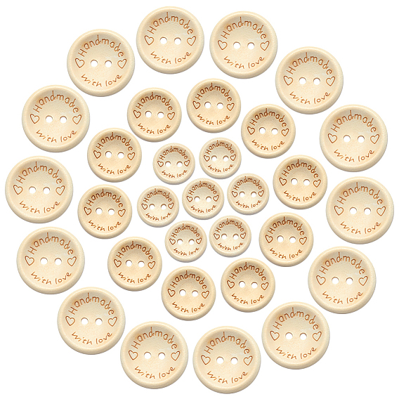 Wooden Buttons, 2-Hole, Flat Round, with Word Handmade with Love, Mixed Size