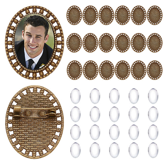 20Pcs Vintage Alloy Brooch Cabochon Bezel Settings, Cadmium Free & Lead Free, with Iron Pin Back Bar Findings, Oval, with 20Pcs Transparent Glass Cabochons