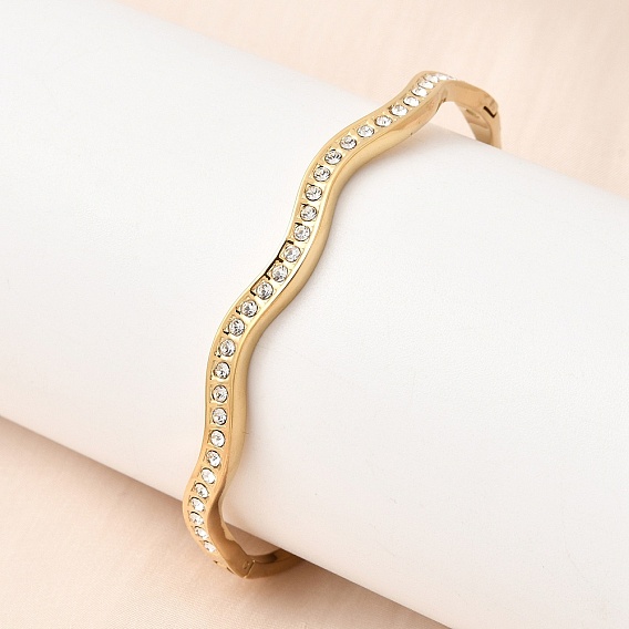 304 Шарнирные браслеты из нержавеющей стали со стразами для женщин, волна, реальный 18 k позолоченный, ионное покрытие (ip), долговечный