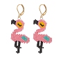 Glass Seed Braided Flamingo Dangle Leverback Earrings, Golden 304 Stainless Steel Long Drop Earrings for Women