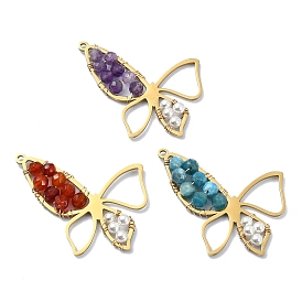 3Pcs 3 Styles Faceted Natural Agate & Amethyst & Apatite Pendants, 304 Stainless Steel Butterfly Charms with Shell Pearl Beads, Golden