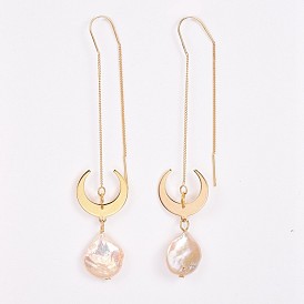 Brass Stud Earrings, Ear Thread, with Natural Baroque Pearl Keshi Pearl, Double Horn/Crescent Moon, Real 18K Gold Plated