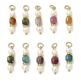 Подвески из натурального разноцветного турмалина и культивированного пресноводного жемчуга, Граненые кубические и картофельные подвески из бисера с латунными петлями