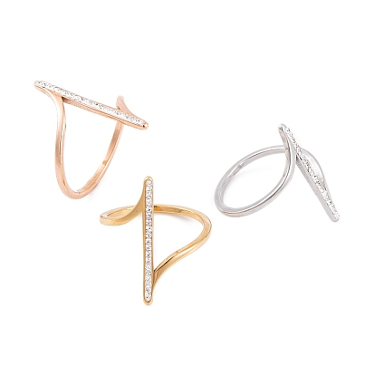 304 Stainless Steel Thin Curve Finger Ring for Women, with Rhinestone
