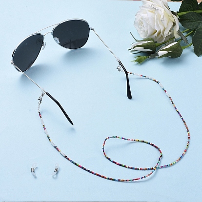 Perles de rocaille de verre lunettes cordon de cou, sangle porte-lunettes, avec des perles de verre et des extrémités de boucle en caoutchouc