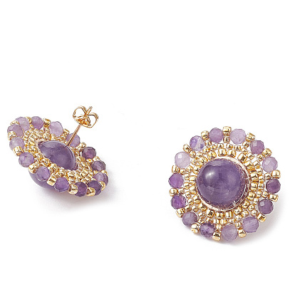 Natural Amethyst & Seed Braided Flower Stud Earrings