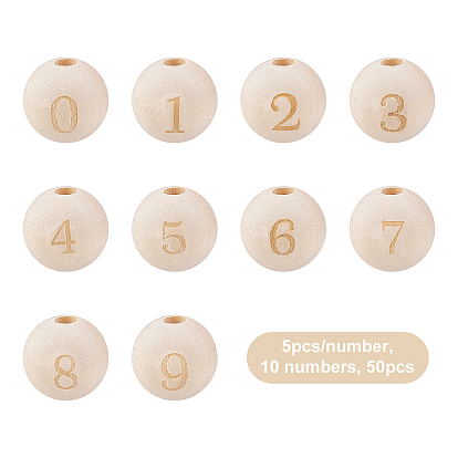 Olycraft 50PCS Number 0 to 9 Unfinished Natural Wood European Beads, Large Hole Beads, Laser Engraved Pattern, Round