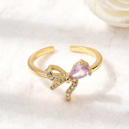 Кольца-манжеты из латуни с розовым паве и прозрачными кубическими цирконами, бантом, без никеля 