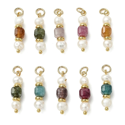 Подвески из натурального разноцветного турмалина и культивированного пресноводного жемчуга, Граненые кубические и картофельные подвески из бисера с латунными петлями