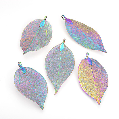Electroplated Natural Leaf Big Pendants, with Iron Findings