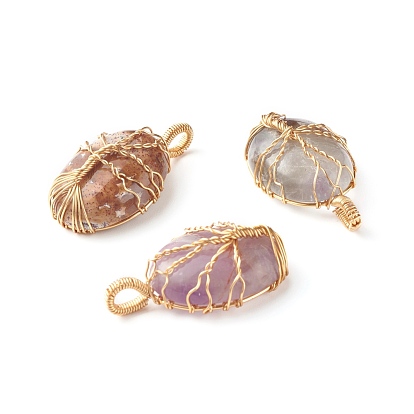 Pendentifs en pierre naturelle, avec du vrai fil de cuivre écologique plaqué or 18k, ovale