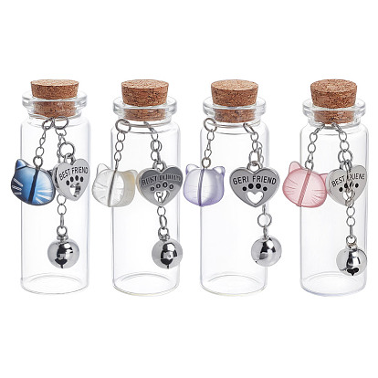 4шт 4 стили прозрачные стеклянные пустые бутылки с подвесками в виде кошек из сплава и стекла, для хранения шерсти домашних животных, разнообразные, платина